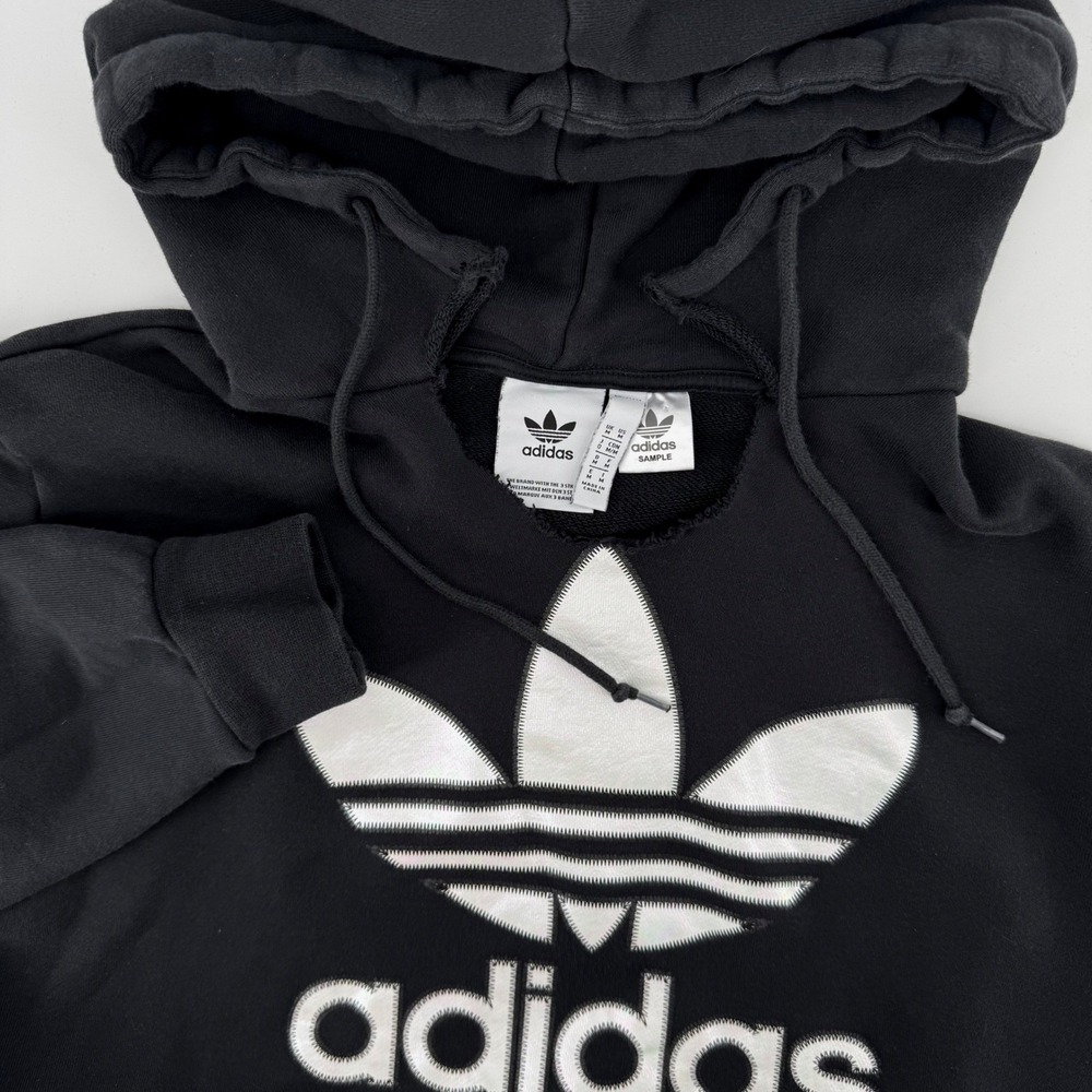 Adidas Sample Hoodie Mens Medium Distressed Trefoil Logo Black Sweatshirt GN3648